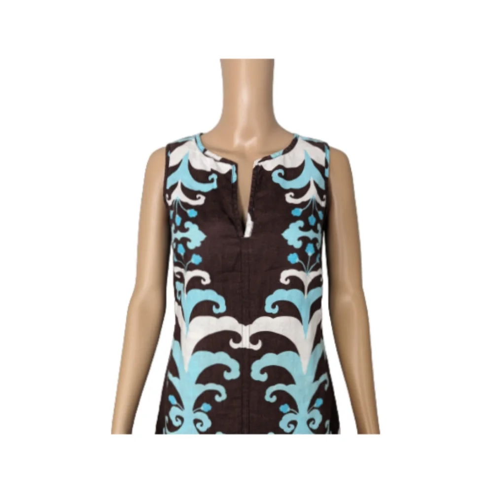 Tory Burch Brown and Turquoise Floral Print Linen Dress 2